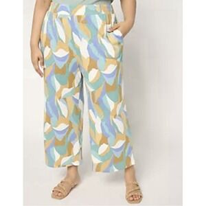 Denim & Co Beach Linen Blend Wide Leg Crop‎ Pull On Pants Size Medium Boho